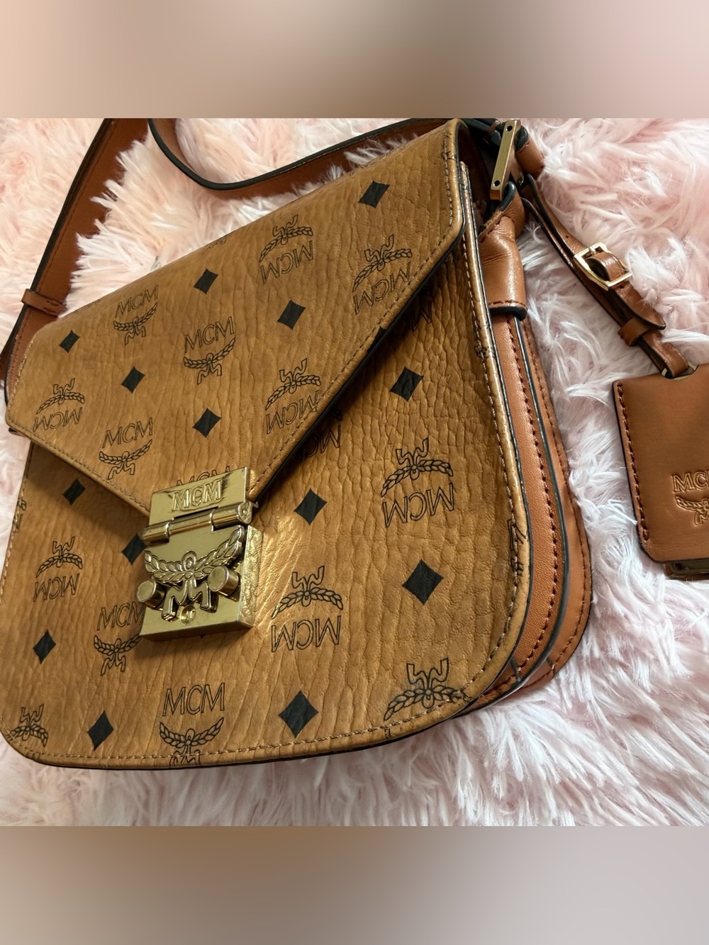MCM Patricia Cognac Presbyn Rivet Saddle Bag in Visetos Leather w/ COA